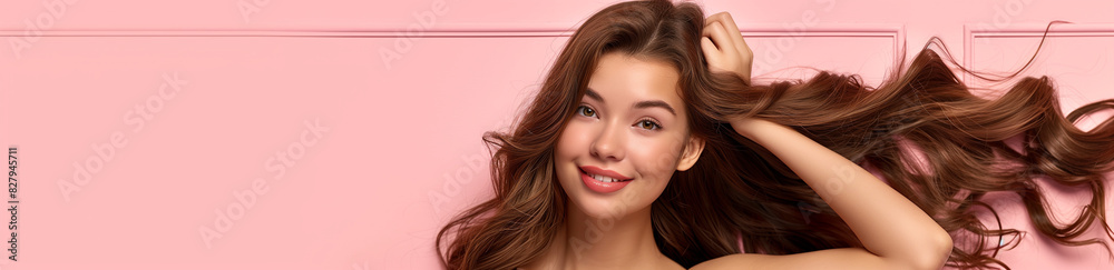 A beautiful woman smiling, featured on a banner for a beauty clinic website with a neutral background in pink tones. This image is perfect for use in beauty clinic promotions, website banners A beautiful woman smiling, featured on a banner for a beauty clinic website with a neutral background in pink tones. This image is perfect for use in beauty clinic promotions, website banners