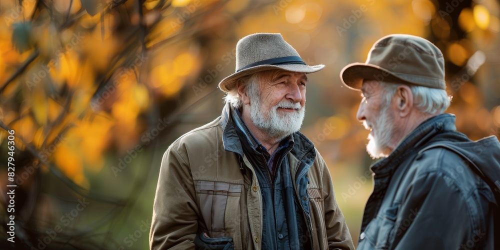 Elderly Friends Chatting Outdoors in Autumn. Two elderly men wearing hats and jackets, engaging in a friendly conversation outdoors with autumn foliage in the background. Banner with copy space