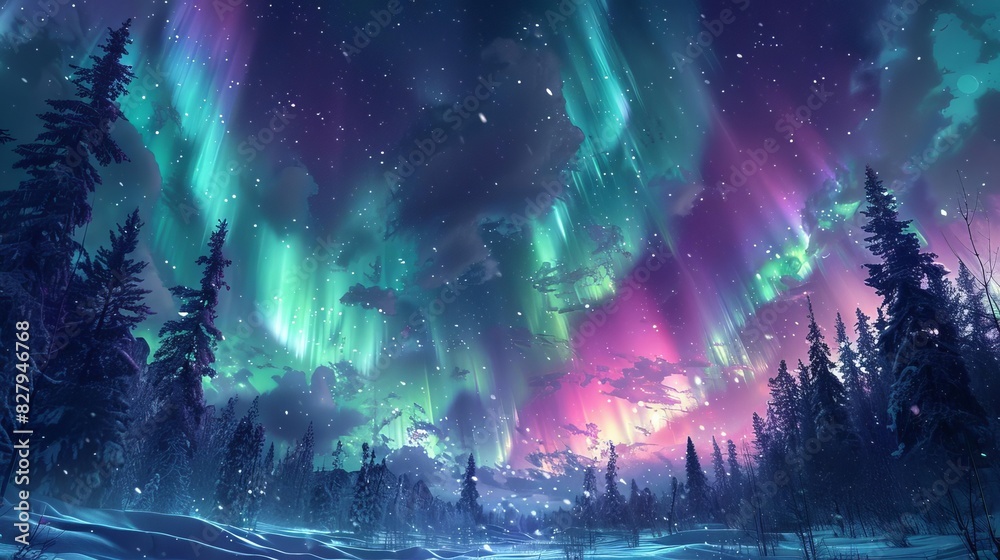 Fototapeta premium Dramatic night sky with a vivid display of the Northern Lights, vibrant green and purple hues dancing over a snowy forest
