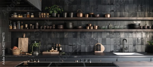 Dark kitchen interior that boasts an exposed brick wall, industrial-inspired elements, and striking metal pendant lighting photo