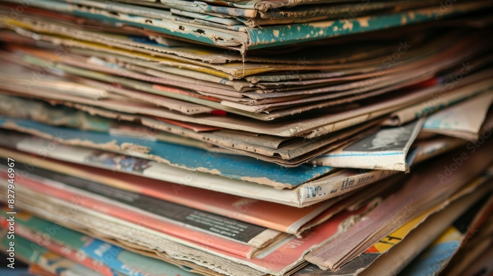 A stack of old magazines and newspapers waiting to be repurposed into a collage. A stack of old magazines and newspapers waiting to be repurposed into a collage.