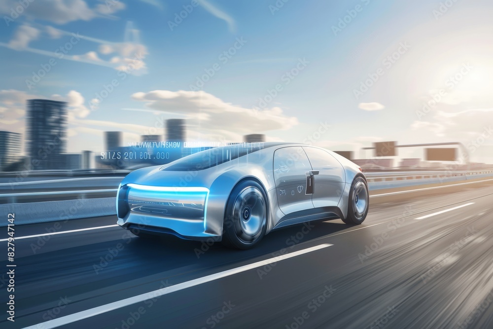 Fototapeta premium Autonomous vehicle on a city expressway showcasing futuristic design and enhanced driving technology
