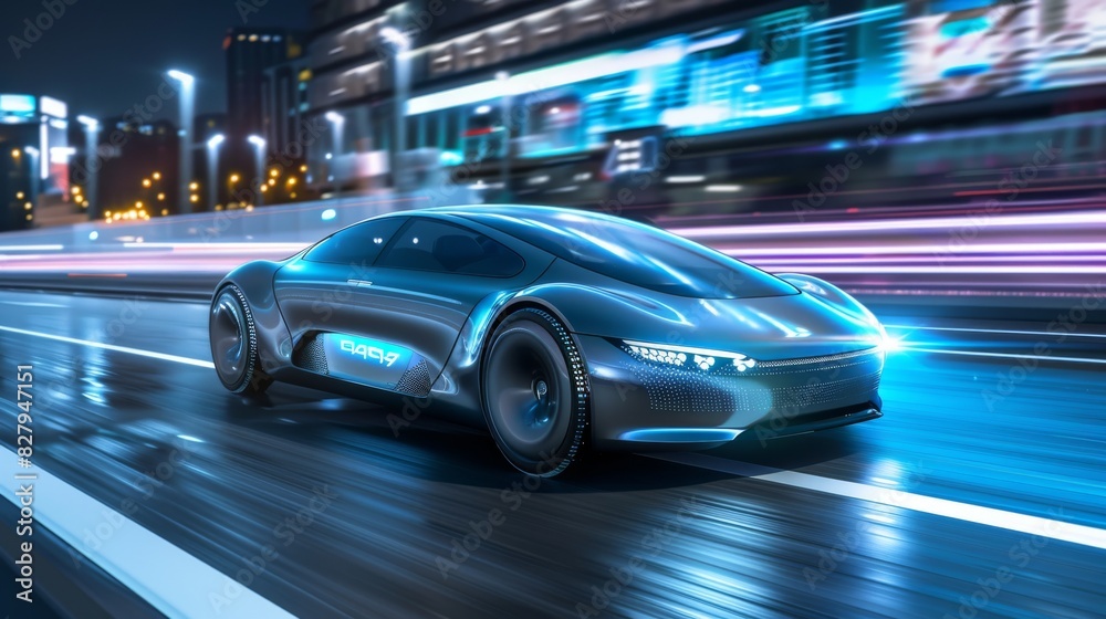 Electric sports car speeding on an urban highway at night, illustrating cutting edge technology and electrifying performance Electric sports car speeding on an urban highway at night, illustrating cutting edge technology and electrifying performance