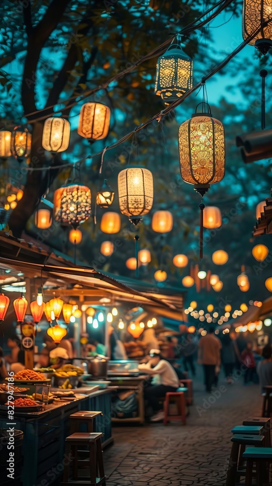 Obraz premium Enchanting cultural festival at night, illuminated lanterns hanging overhead, diverse food stalls, and joyful people enjoying the festivities