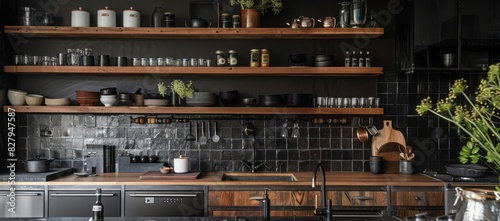 Dark kitchen interior featuring industrial elements such as an exposed brick wall and sleek metal pendant lighting