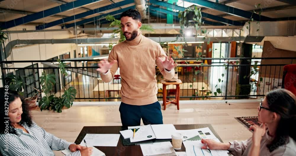 Meeting, presentation and man with business people in office for planning, discussion and project ideas. Creative agency, publishing company and men and women for teamwork, feedback and collaboration