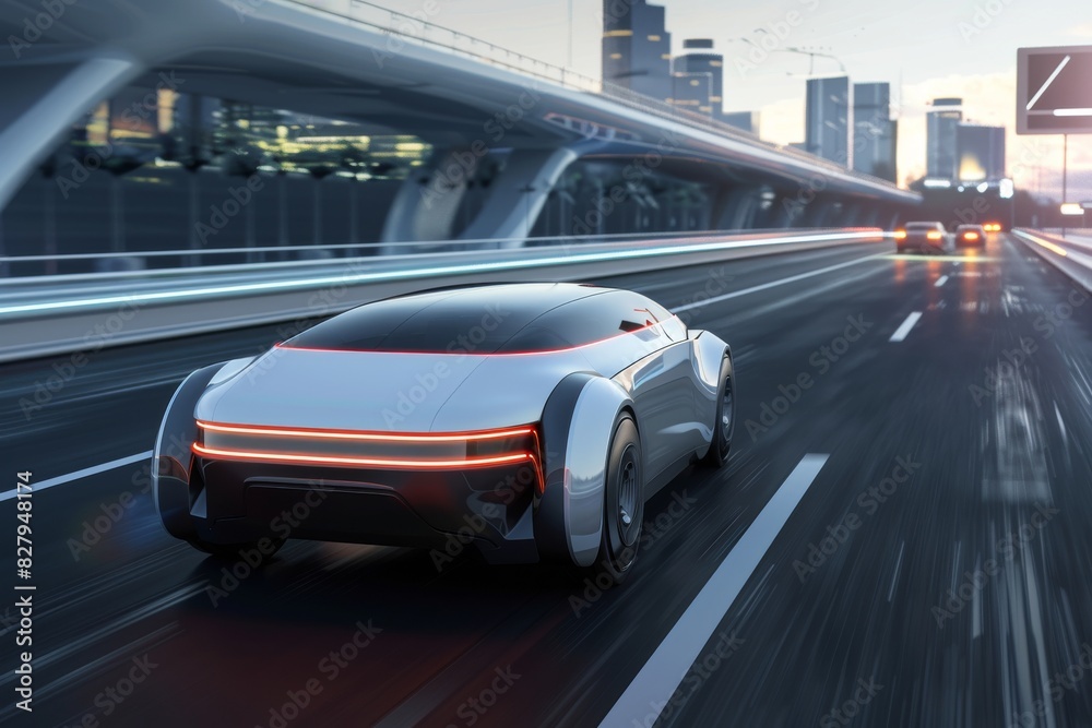 Sleek futuristic vehicle on a city bridge at twilight, merging innovative design with the aesthetics of urban nightscapes