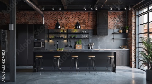 Dark kitchen interior adorned with industrial elements like an exposed brick wall and eye-catching metal pendant lighting photo