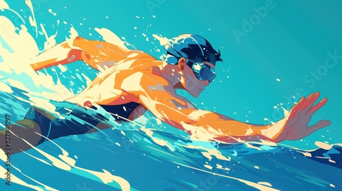 A 2d graphic of a male swimmer in action representing the sport of swimming