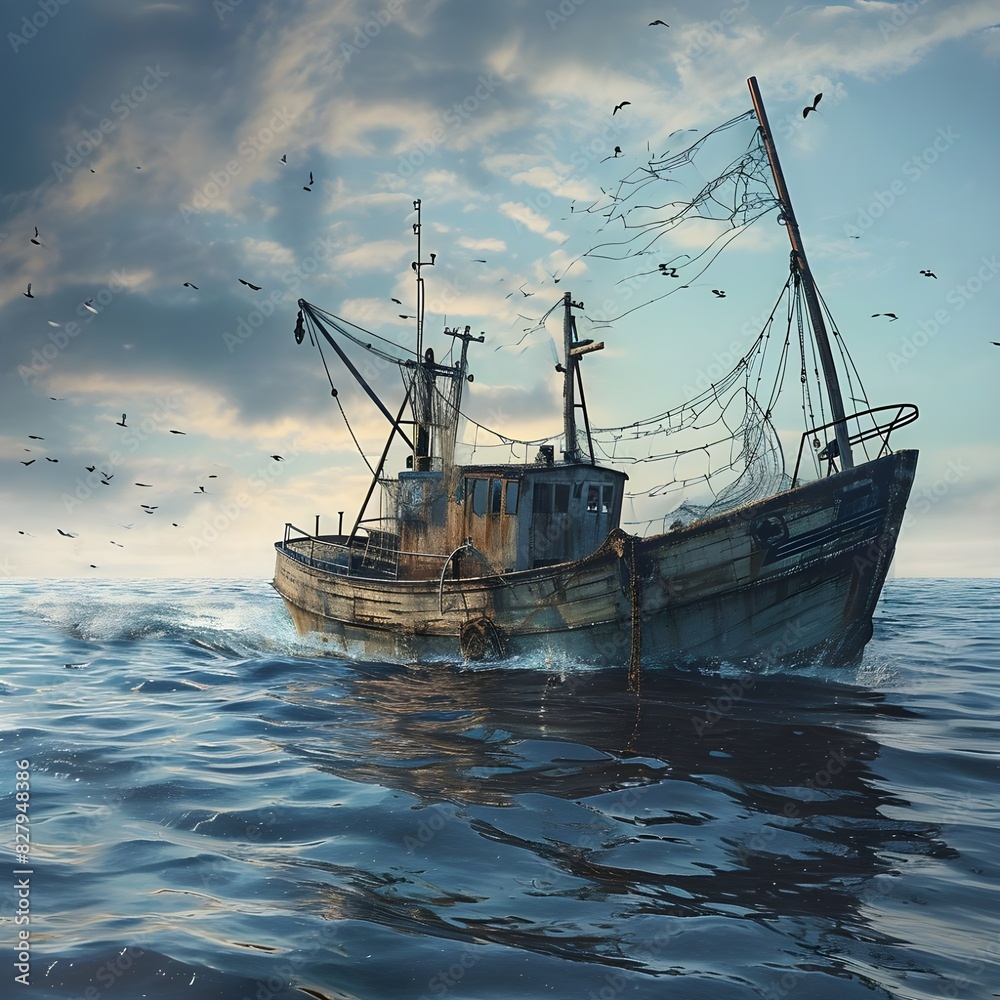 Obraz premium An old wooden trawler with fishing nets, Generative AI