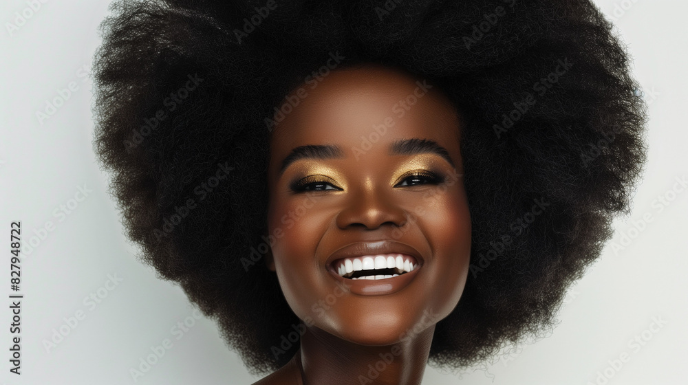 A photo of an attractive African American woman with a large afro and a beaming smile. She has high cheekbones and is wearing natural makeup with golden eyeshadow. The light gray background highlights A photo of an attractive African American woman with a large afro and a beaming smile. She has high cheekbones and is wearing natural makeup with golden eyeshadow. The light gray background highlights