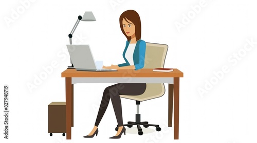 Simple flat vector illustration of a young woman sitting at her desk with a laptop, isolated on a white background. --ar 16:9 --style raw --stylize 0 Job ID: 502cdddb-d409-485f-9191-100240b2c112