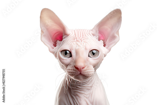 Cute no fur sphynx kitty looking at camera. Head close-up portrait of sphynx rex cat. Hairless cat. White Isolated background. Generative AI © WISIWIG