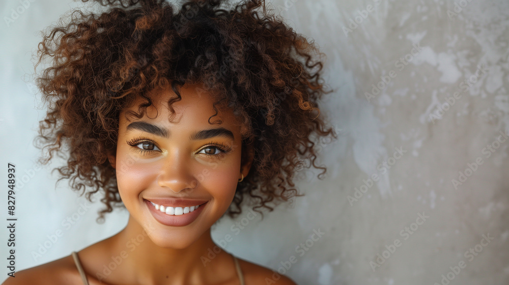 A photo of a smiling African American woman with a large afro and high cheekbones. She is wearing soft makeup with golden eyeshadow. The light gray background highlights her features. A photo of a smiling African American woman with a large afro and high cheekbones. She is wearing soft makeup with golden eyeshadow. The light gray background highlights her features.