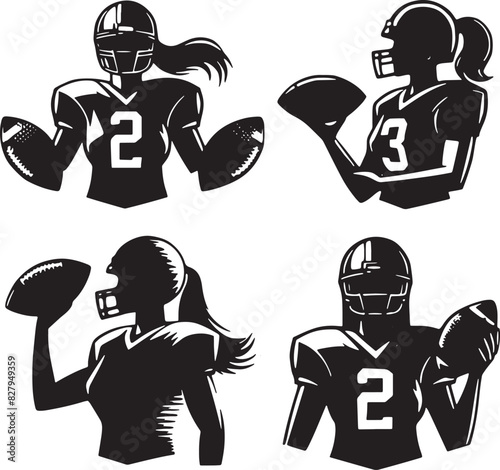 Woman American Football Players Vector Silhouette Set