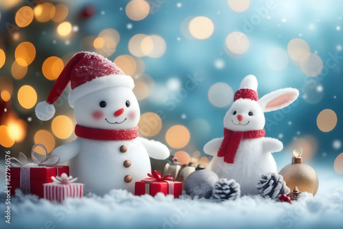 Whimsical Christmas snowman and rabbit illustration, offering space for heartfelt messages, perfect for spreading holiday cheer and warm wishes.