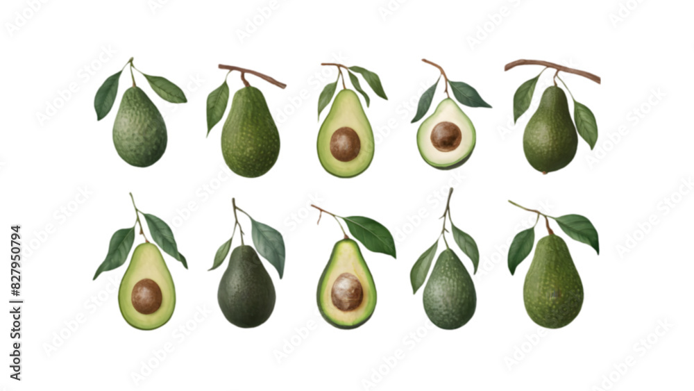 Branch with Avocados and Leaves Isolated on Transparent Background | Tropical Avocado Vector Illustration Pack Branch with Avocados and Leaves Isolated on Transparent Background | Tropical Avocado Vector Illustration Pack