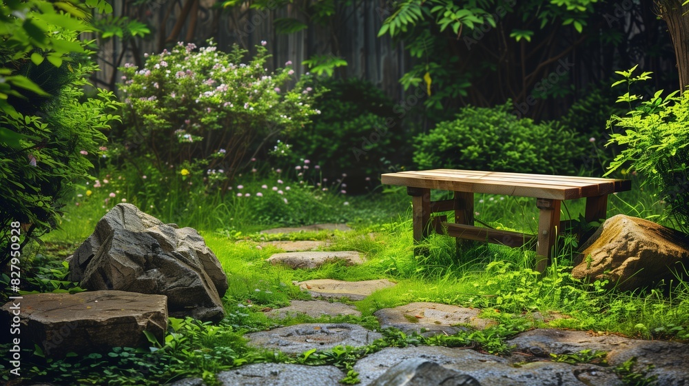 stylish green garden with wooden bench and stone path, modern minimalistic landscape design concept stylish green garden with wooden bench and stone path, modern minimalistic landscape design concept