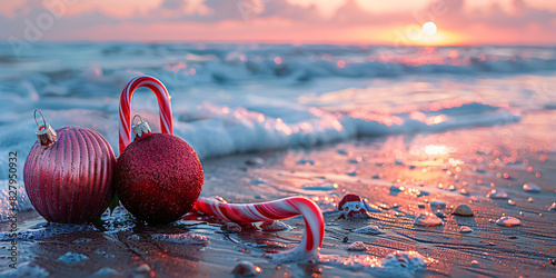 Holiday Surprise with Christmas Baubles and Candy Cane Beach - Festive Twist on Beach Vibes