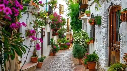 cozy street of old European town  white walls and colourful flowers  cosy Spanish or Italian narrow alley