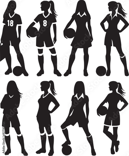 Woman Soccer Football Players Silhouette Vector Set