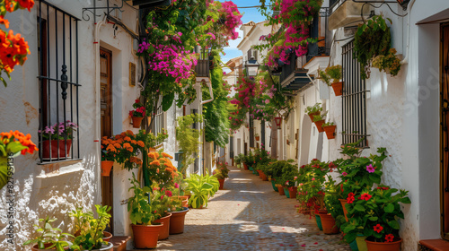 cozy street of old European town, white walls and colourful flowers, cosy Spanish or Italian narrow alley