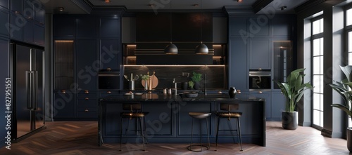 Dark kitchen interior featuring exquisite black granite countertops that add a touch of luxury and glamour photo