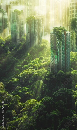 futuristic eco green city with skyscrapers buildings and gardens  future sustainable architecture  harmony of human and nature