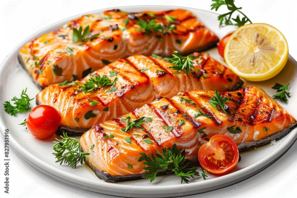 Freshly grilled salmon steaks with lemon slices and cherry tomatoes on a white dish, ideal for a nutritious meal