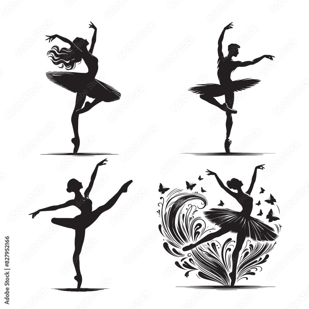 Ballet Dancer Silhouettes Vector Illustration in Black and White, Dancer Silhouettes in Vector Style