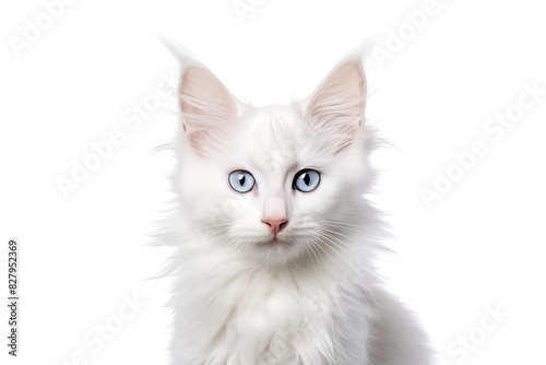 Cute white turkish angora looking at camera. Head close-up portrait of turkish angora cat. White Isolated background. Generative AI