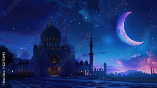 Mosque view in the night with half moon