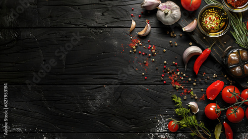 Black wooden background with various spices and herbswith fresh vegetables, oil bottles, tomato and garlic in a top view, cooking concept banner design 