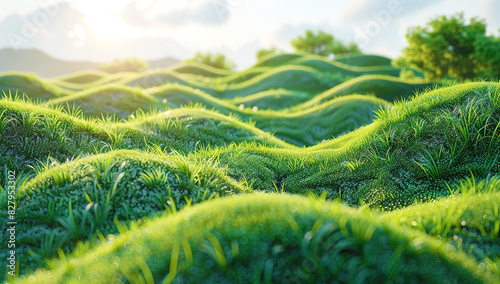 3D rendering of green grassy hills with undulating waves of lush, vibrant grass under the sun