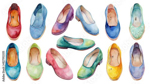 Collection of Vector Flat Watercolor Shoes Isolated on Transparent | Fashion Footwear Illustrations