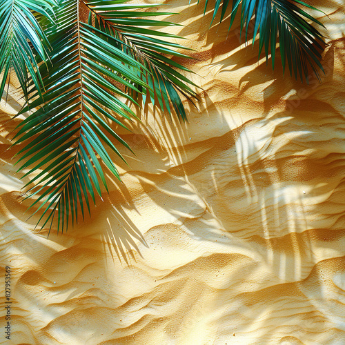 A closeup of sand with palm tree shadows on it, beige background, minimalist style, top view, texture background