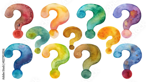 Set of Vector Flat Watercolor Question Marks in Various Colors | Query Symbol Clipart Collection with Transparent Background