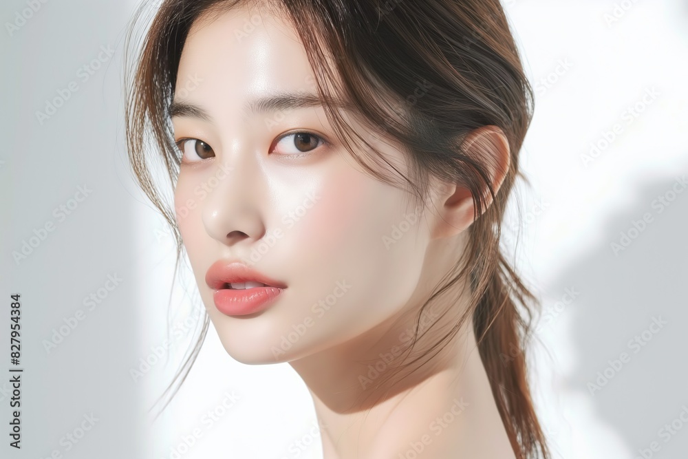 close up face portrait of young pretty Asian woman with bright flawless skin with light and shadow play, beauty cosmetic , skincare, sunscreen fashion portrait ,copy space isolated white background close up face portrait of young pretty Asian woman with bright flawless skin with light and shadow play, beauty cosmetic , skincare, sunscreen fashion portrait ,copy space isolated white background
