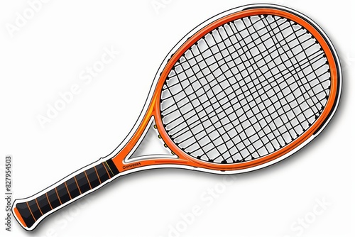 Vintage orange tennis racket with black handle, highlighted against a white background, symbolizing retro sports equipment and classic athleticism