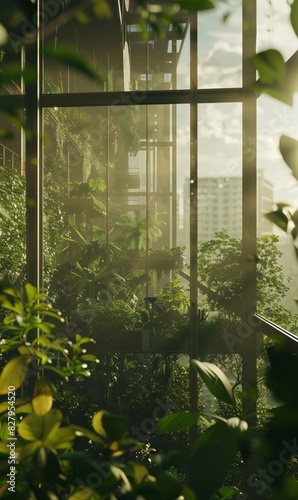 interior with green plants and garden in modern glass skyscraper office building  nature and contemporary architecture  balance and harmony of environment and human  sustainable ecosystem