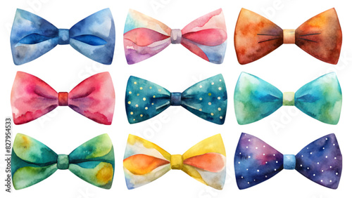 Assortment of Vector Flat Watercolor Bowties in Various Patterns | Fashion Accessory Illustrations with Transparent Background