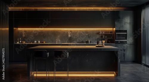 Dark kitchen interior featuring black high-gloss cabinets that create a luxurious ambiance