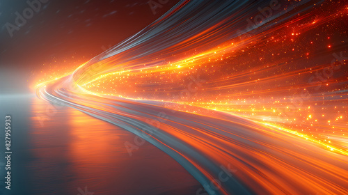 Colorful vibrant neon light stripes and dots, luminous lighttail stripes on a dark moody background, futuristic design, modern light art