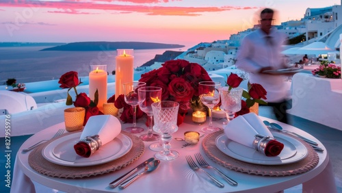 A table setting with candles and flowers on a white cloth, somewhere on greek islands, AI