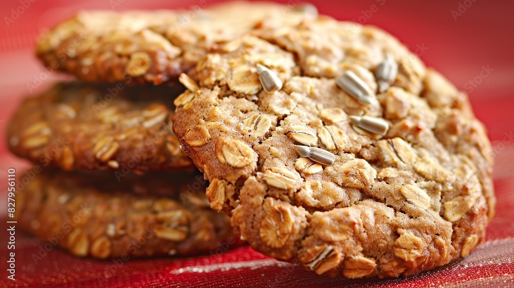 homemade oat cookies with sunflower seeds on red background. Generative Ai homemade oat cookies with sunflower seeds on red background. Generative Ai