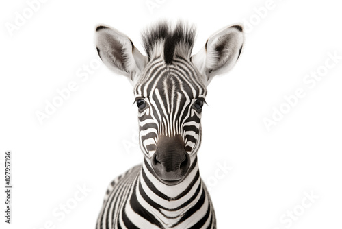 Young little zebra front close-up portrait on white isolated background. Wild cute zebra baby portrait. Generative AI