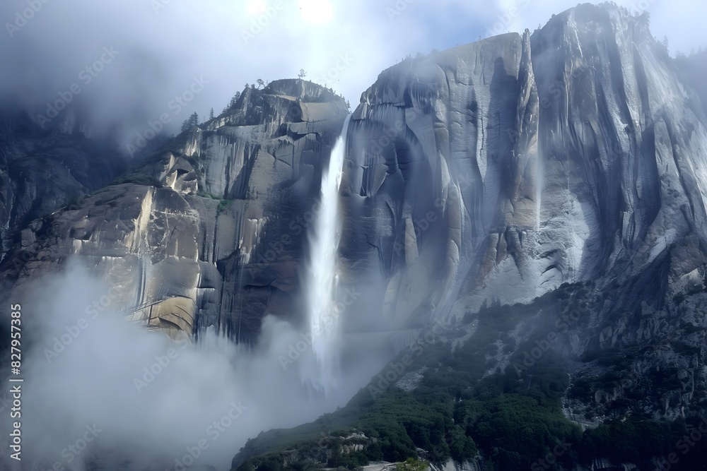 Misty Mountain Waterfall Amidst Rugged Cliffs