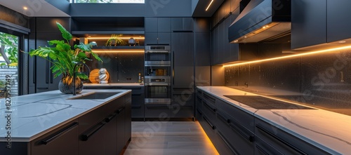 A sleek dark kitchen interior featuring matte black cabinets that exude modern elegance, complemented by luxurious quartz countertops and integrated LED lighting © Chand Abdurrafy