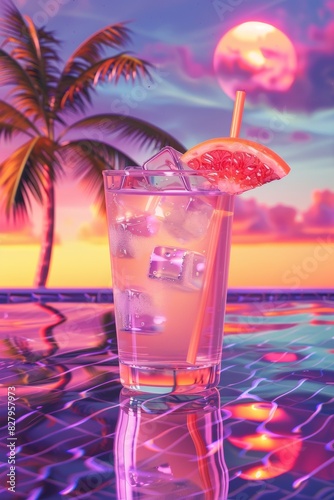 Margarita cocktail with grapefruit garnish on background of pool and sunset. Retrowave, synthwave style. Alcoholic drink for neon summer party. Refreshing beverage concept. Banner with copy space