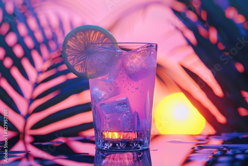 Margarita cocktail with orange slice garnish on background of palm leaves. Retrowave, synthwave style. Alcoholic drink for neon summer party. Refreshing beverage concept. Banner with copy space